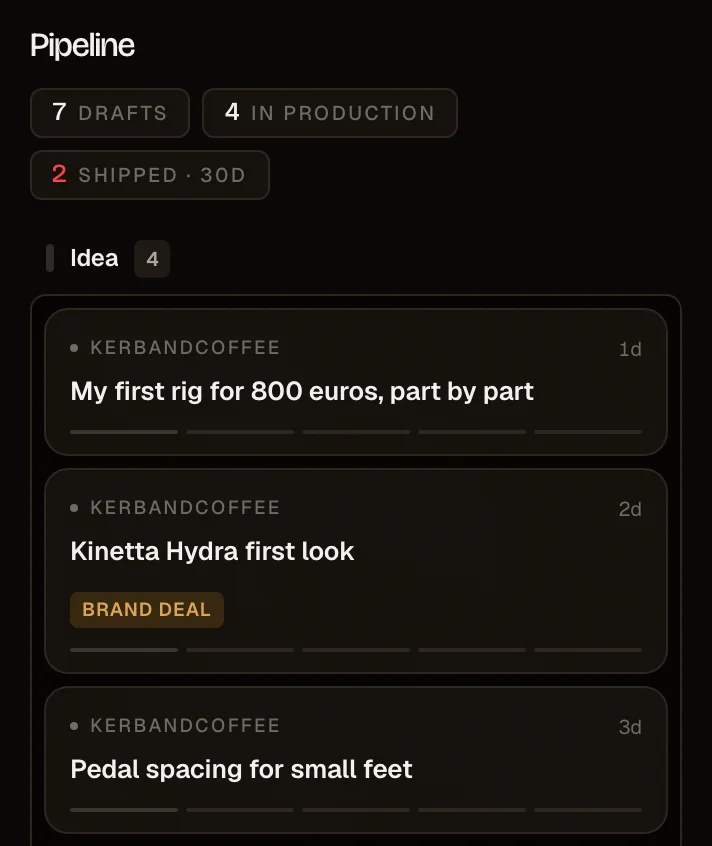 The pipeline board on a phone: video cards in the idea column, one of them a brand deal