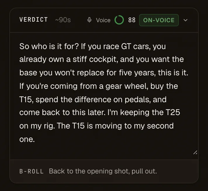 The verdict section of a review script with its voice score: 88 out of 100, on voice