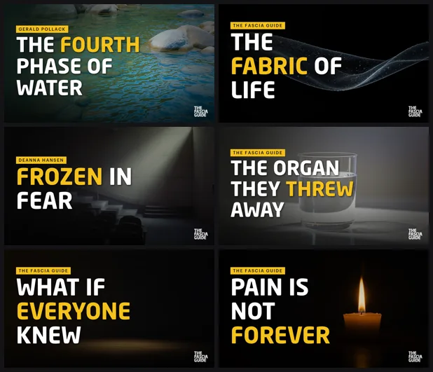 Six YouTube thumbnails for The Fascia Guide in one style: dark photos with short titles in white and yellow