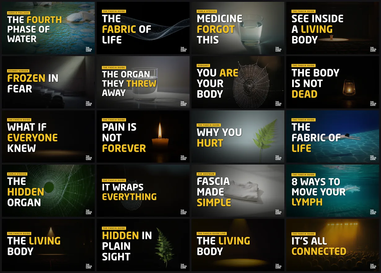Twenty YouTube thumbnails for The Fascia Guide in one style: dark photos with short titles in white and yellow