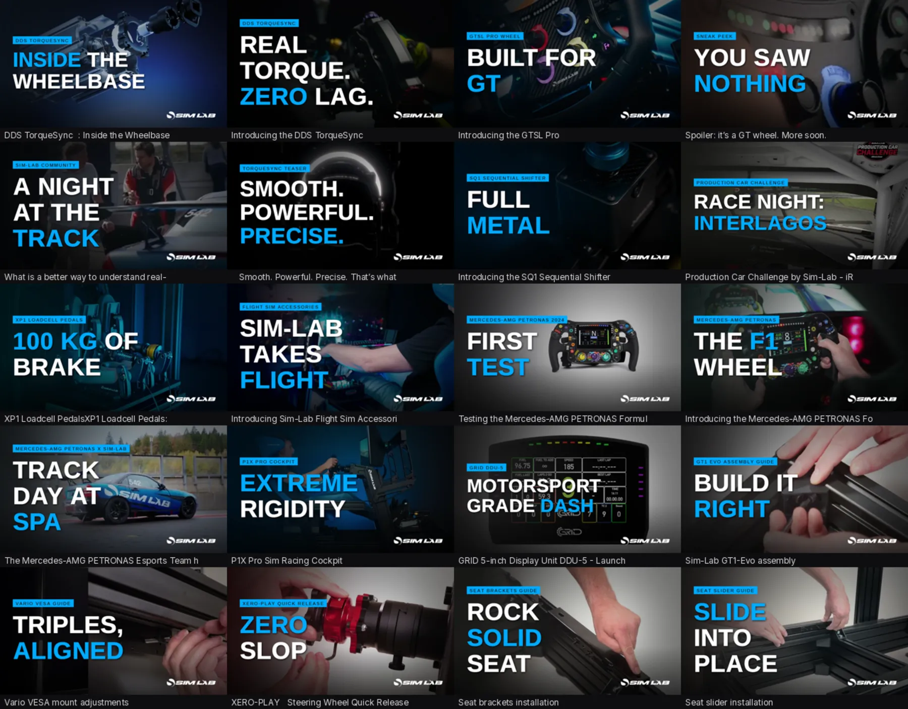 The 20 redesigned Sim-Lab YouTube thumbnails in a grid, each with a category tag, a bold title and the Sim-Lab logo
